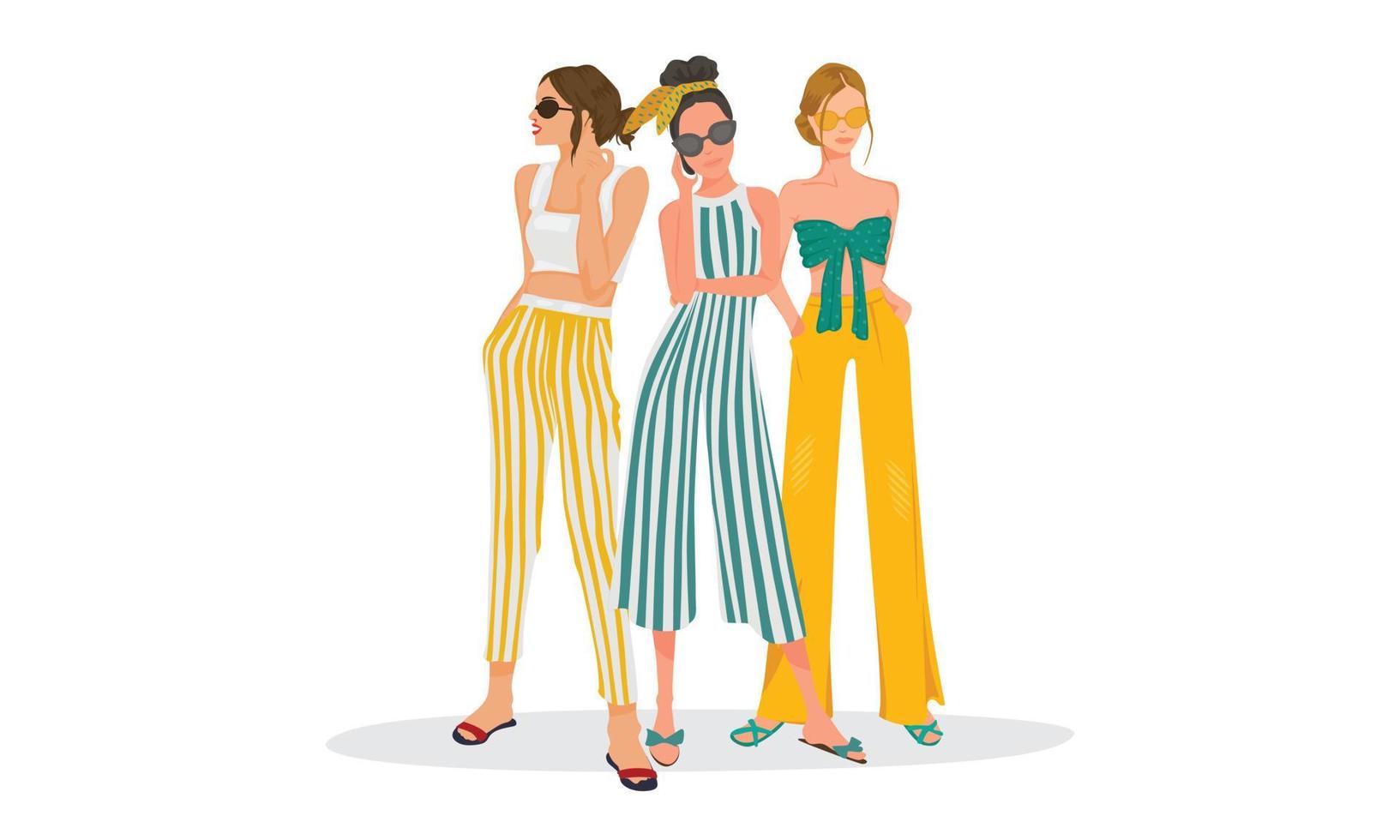 personaje mujer dama modelo de moda con ropa de color verde amarillo y gafas de sol mono casual disfrutar de ajuste diario varias poses vector