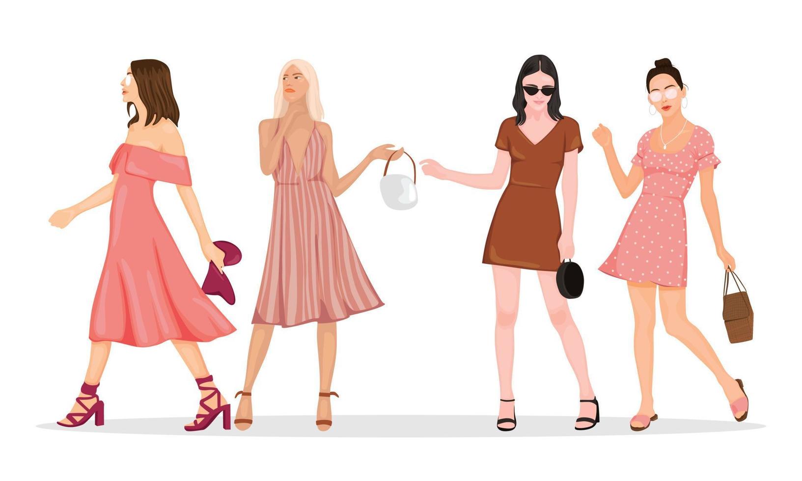 A happy woman walking in city with full pink outfit. She use dress, heels and hand bag make her more gorgeous. vector