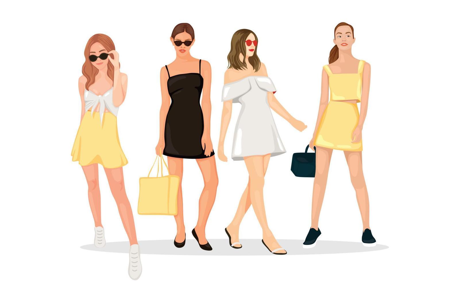 día de compras con bolso de mano amarillo una falda casual de niña negra y mostaza. ella usa gafas de sol para hacer más hermosa. vector