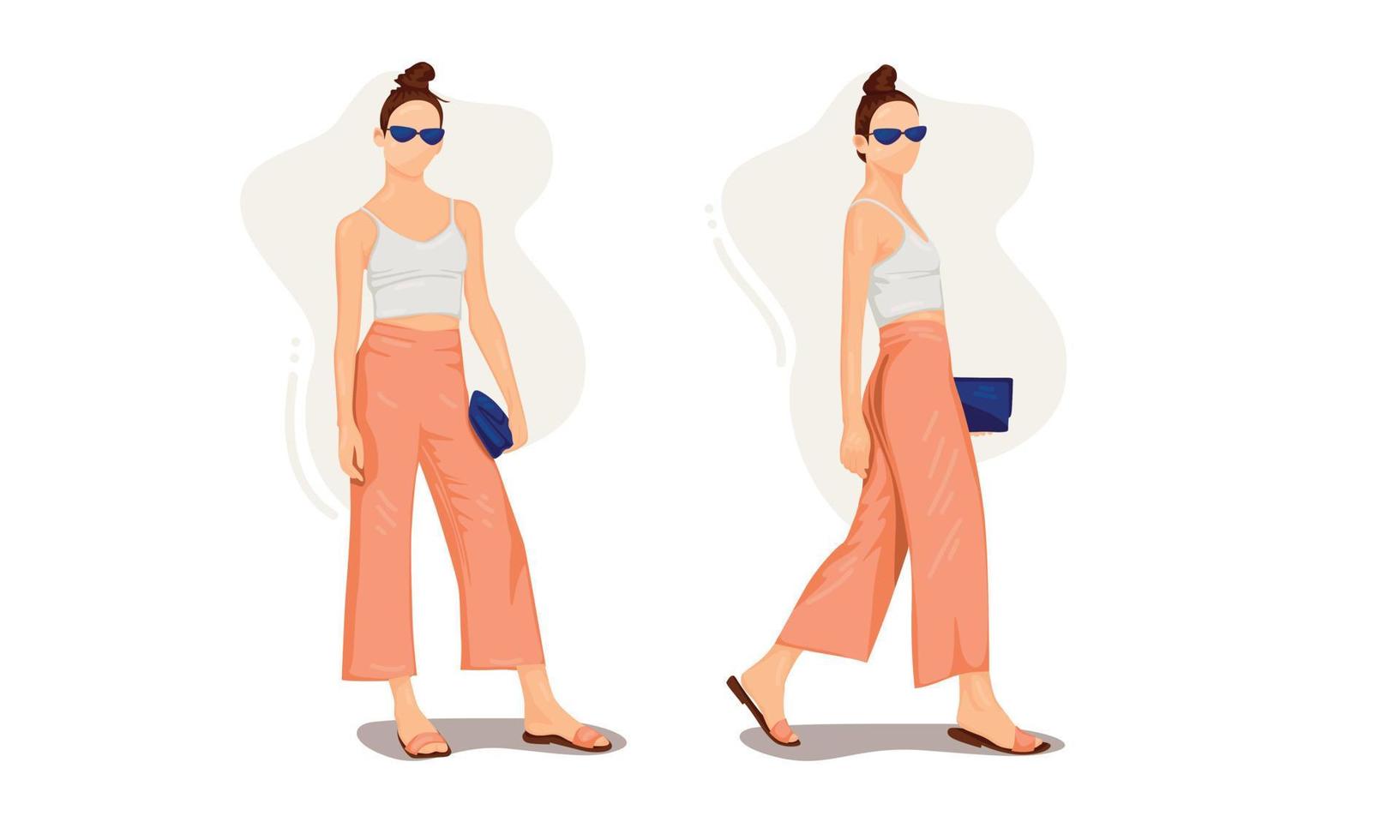 Model wants to cat walk in red Carpet but she should try in her home by herself, she using casual outfit like white tank top and pink salmon pants vector