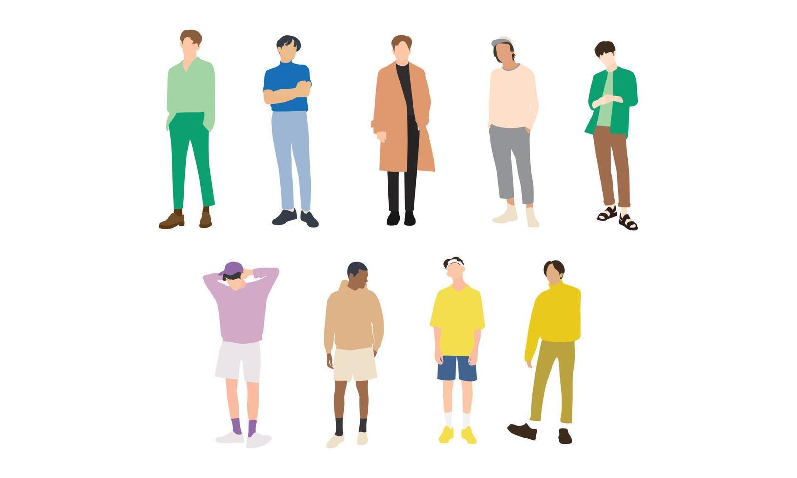 group of people with colourful clothes model boy stand up and posing. vector