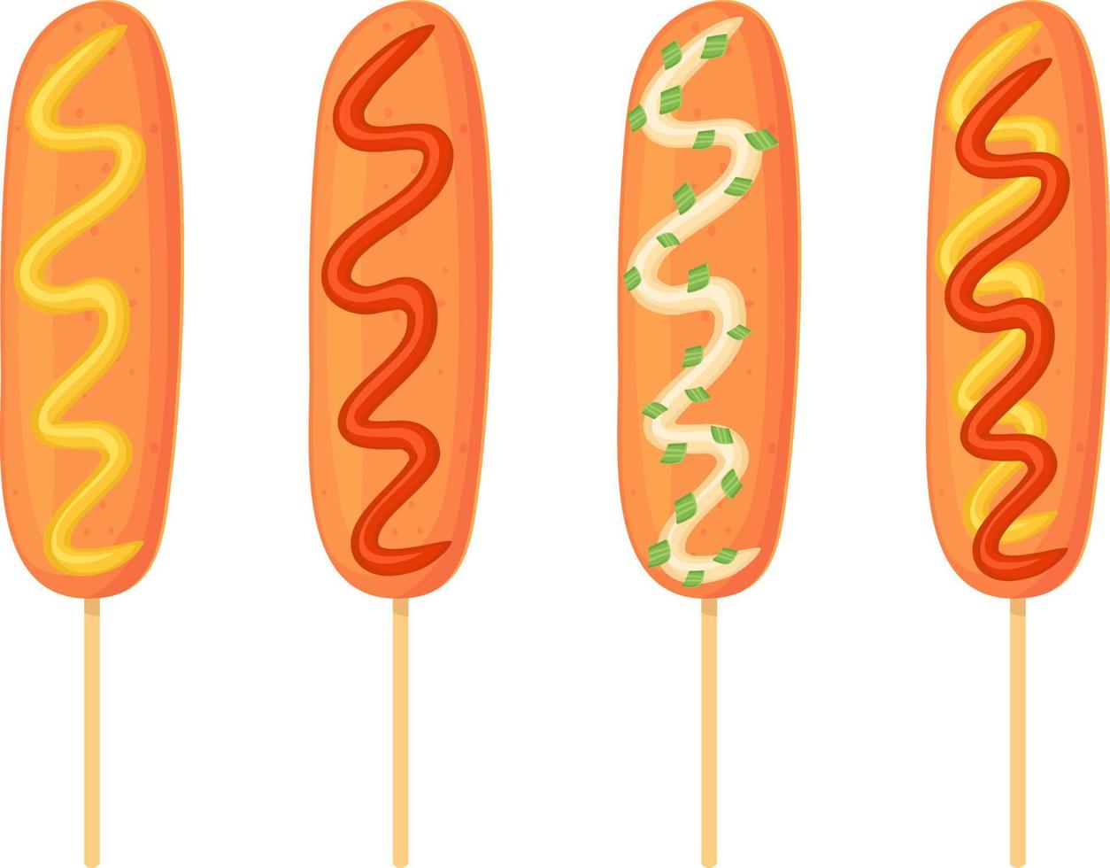 American Corn dog set with different sauce ketchup, mayo, mustard. Street food, fastfood concept. Illustration in cartoon style. vector