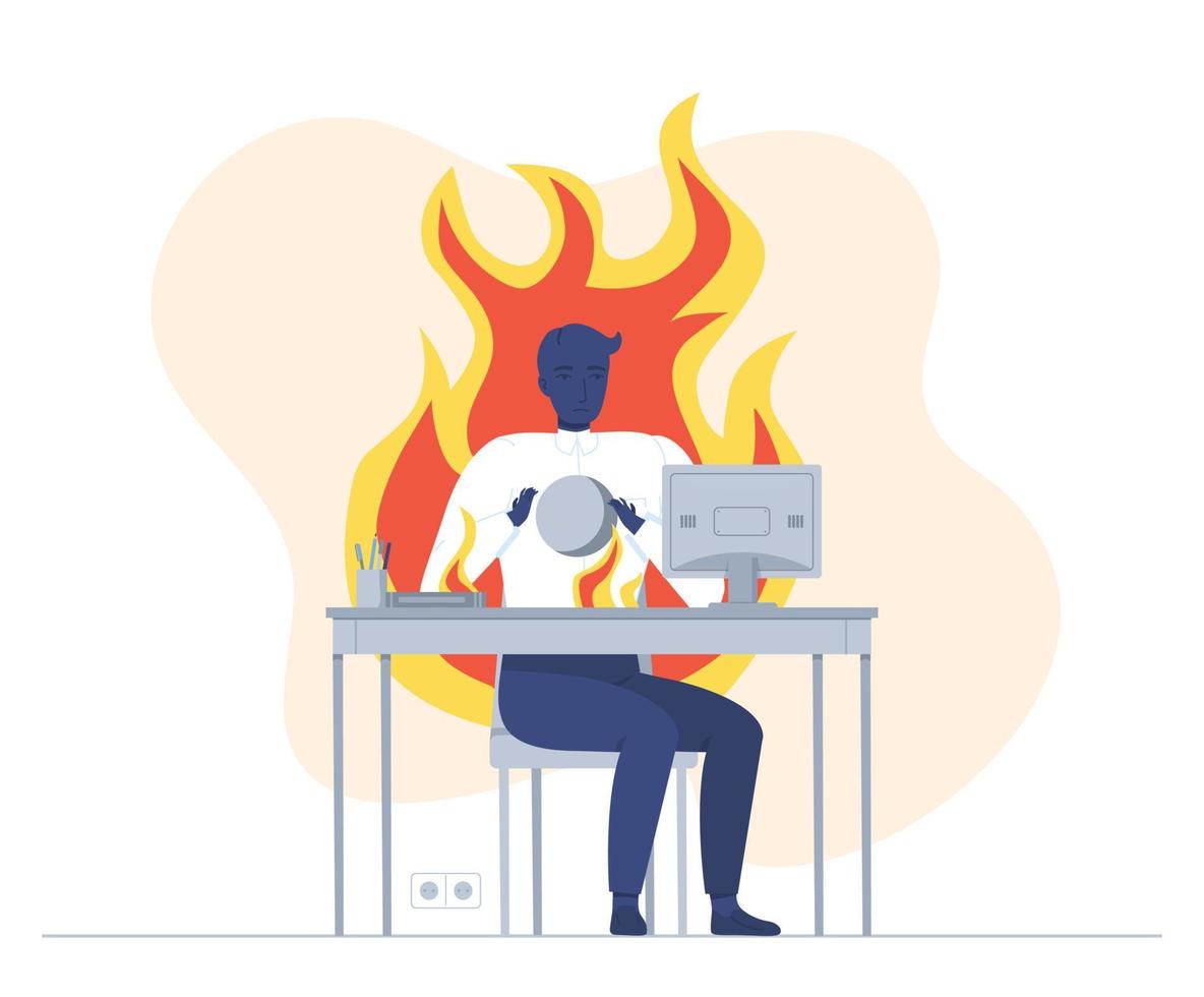 Proffesional burnout. Male in fire with hole in the chest sitting on the desk with computer. Stress overwhelmed office worker. vector