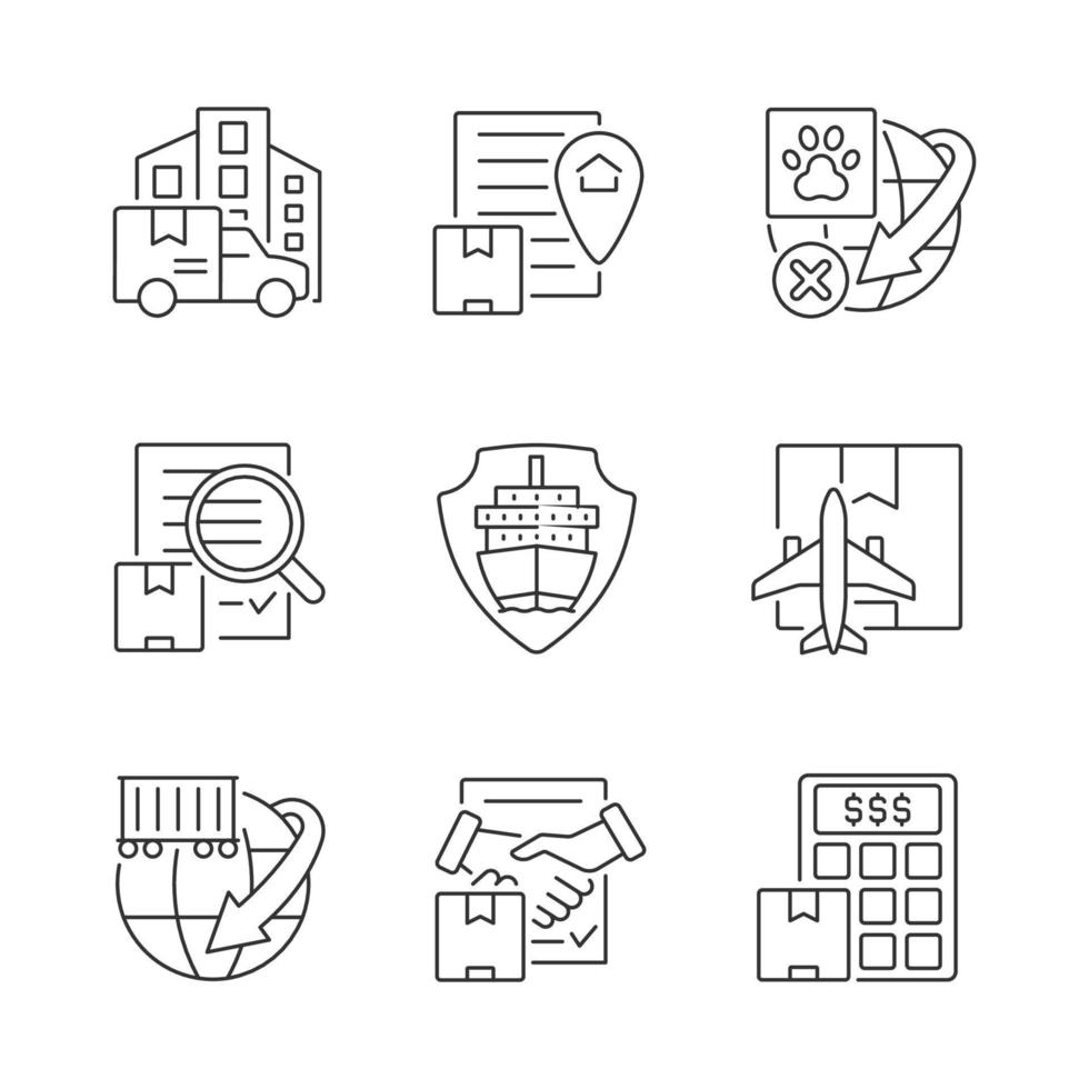 International shipping business linear icons set. Worldwide delivering of cargoes, parcels and mail. Customizable thin line contour symbols. Isolated vector outline illustrations. Editable stroke