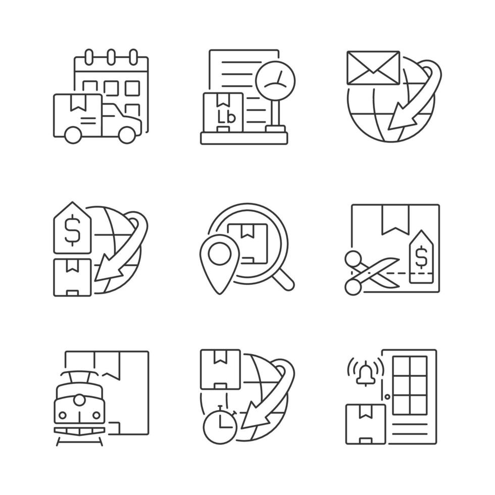 Worldwide shipping professional service linear icons set. Guaranteed on-time orders delivery. Cargo protection. Customizable thin line contour symbols. Isolated vector outline illustrations