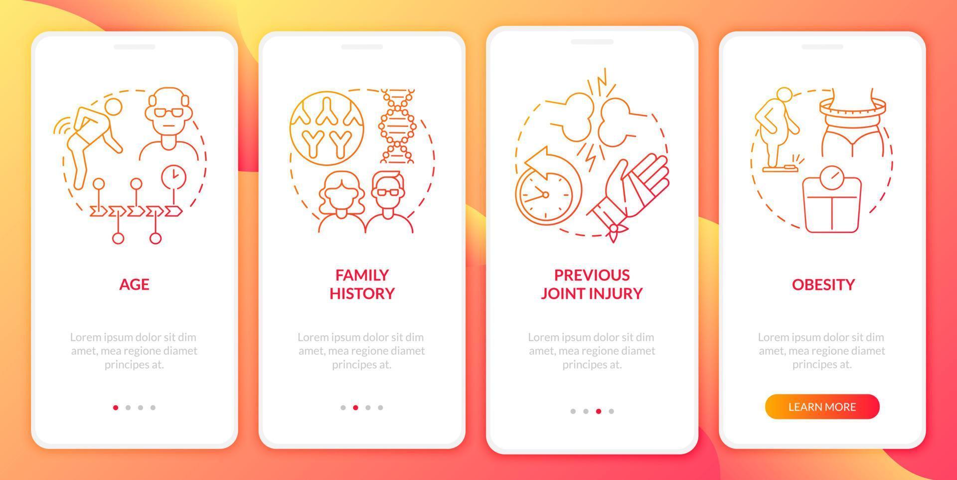 Arthritis risk factors red gradient onboarding mobile app page screen. Walkthrough 4 steps graphic instructions with concepts. UI, UX, GUI vector template with linear color illustrations