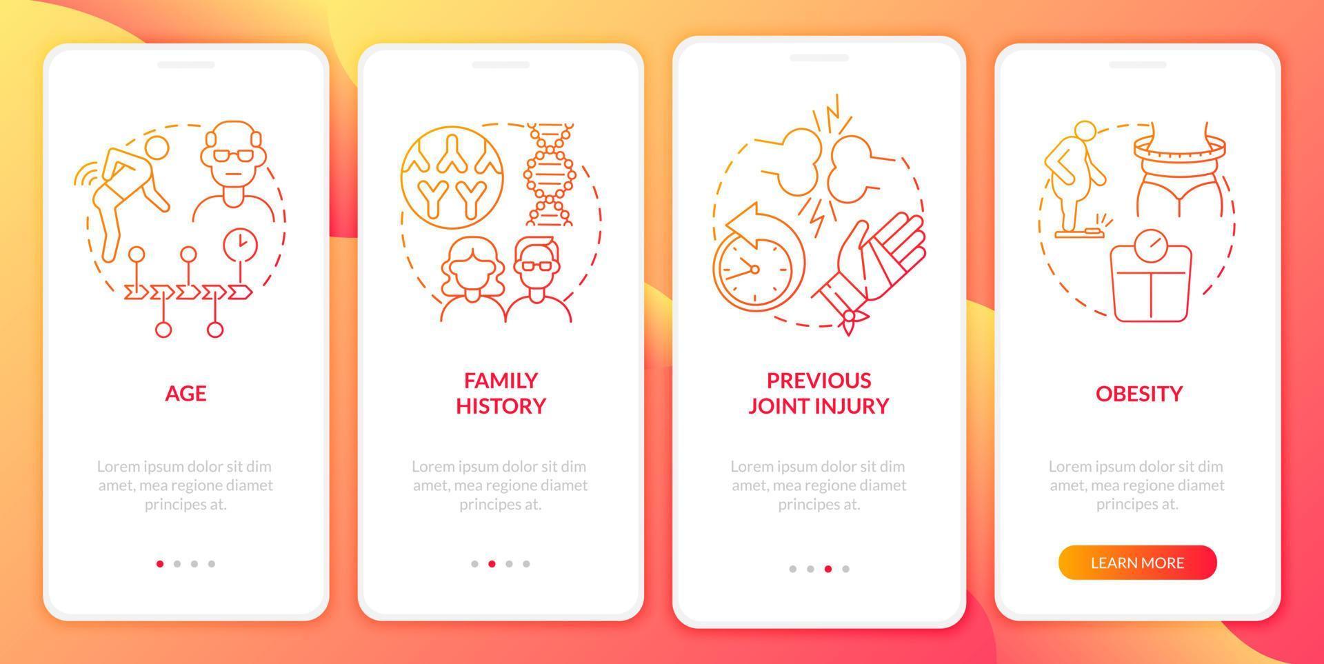 factores de riesgo de artritis pantalla de la página de la aplicación móvil de incorporación de gradiente rojo. tutorial 4 pasos instrucciones gráficas con conceptos. ui, ux, plantilla vectorial gui con ilustraciones en color lineal vector