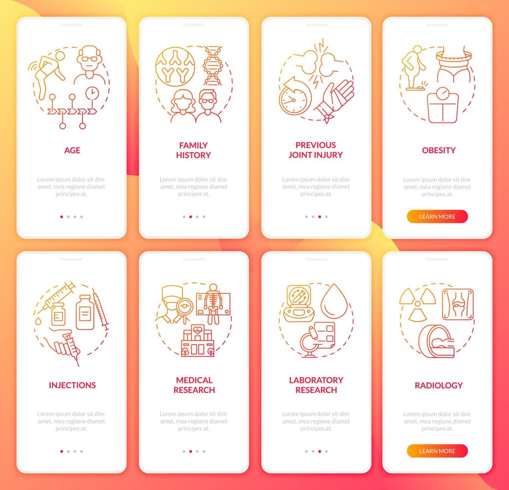 Arthritis red gradient onboarding mobile app page screen set. Risk factors walkthrough 4 steps graphic instructions with concepts. UI, UX, GUI vector template with linear color illustrations
