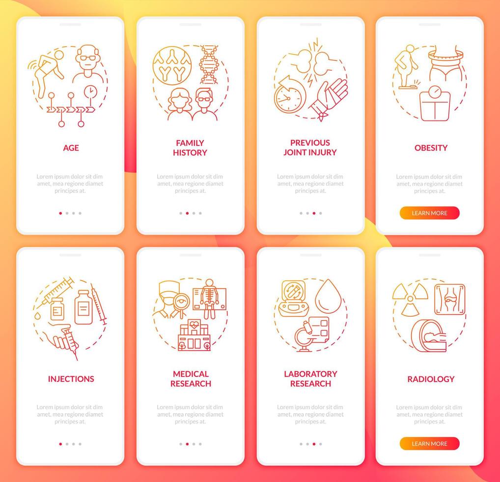 conjunto de pantalla de la página de la aplicación móvil de incorporación de gradiente rojo de artritis. tutorial de factores de riesgo 4 pasos instrucciones gráficas con conceptos. ui, ux, plantilla vectorial gui con ilustraciones en color lineal vector