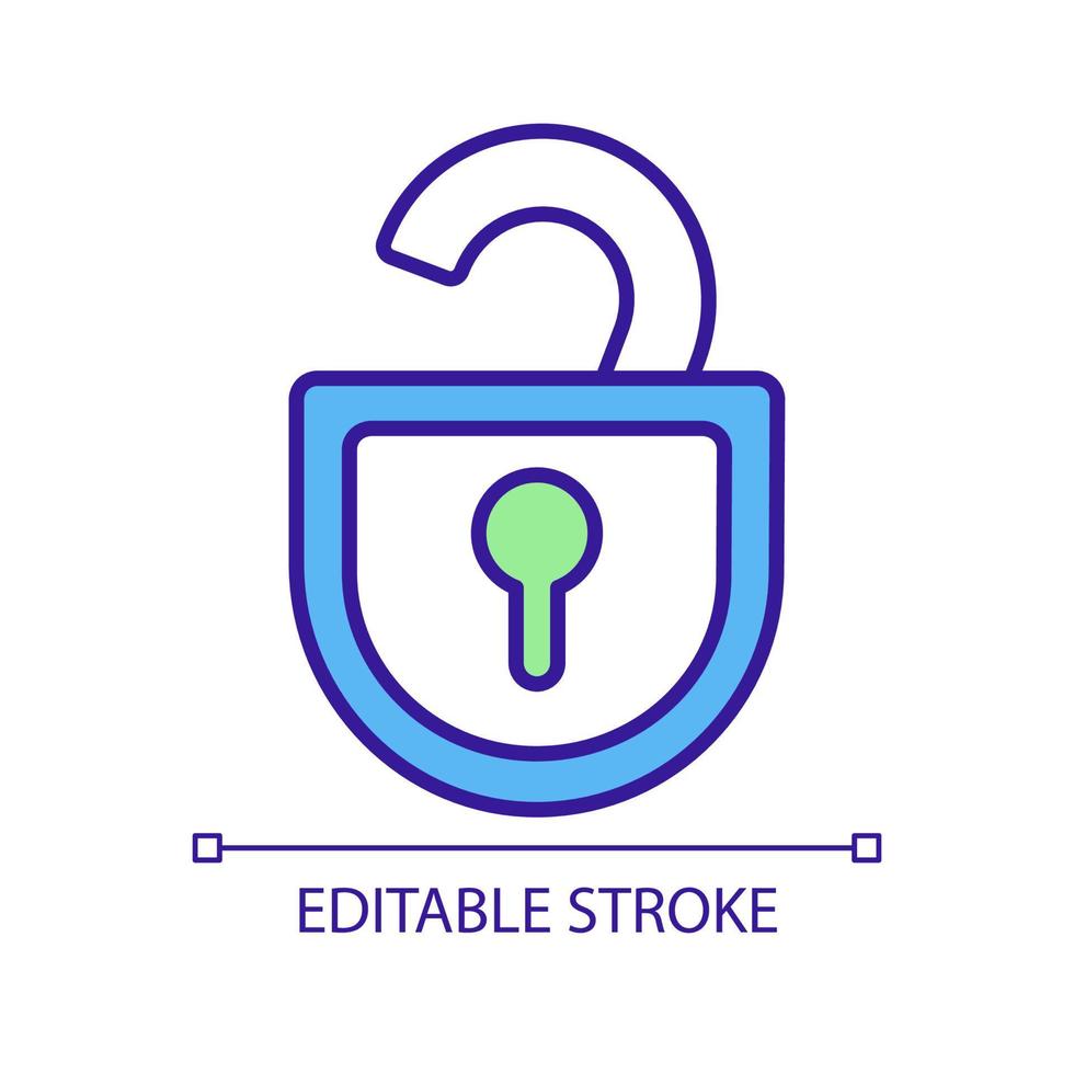 Unblocked access RGB color icon. Unlocked padlock. Free access without restrictions. Reliable security. Remove lock. Isolated vector illustration. Simple filled line drawing. Editable stroke