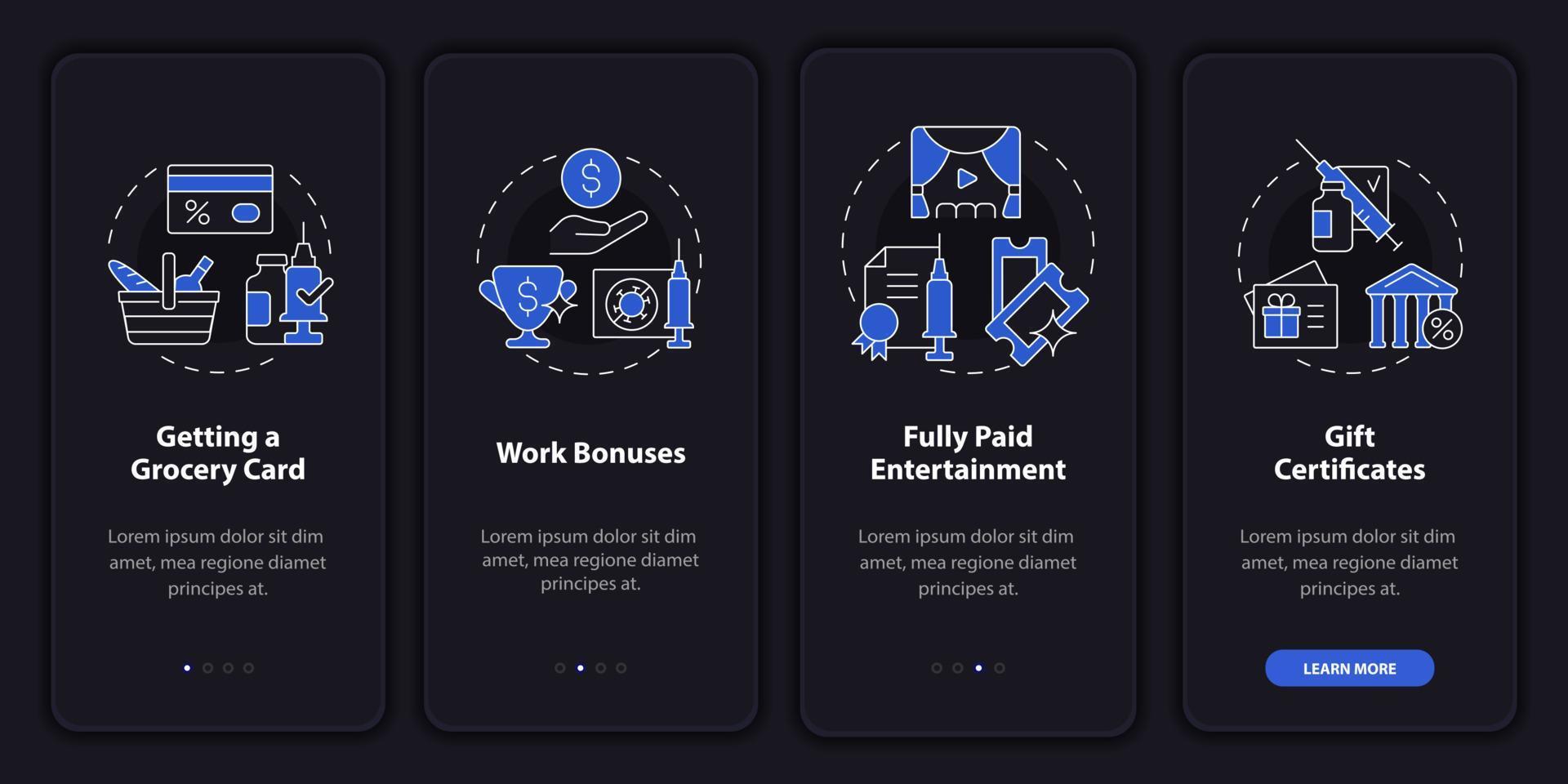 Encouraging vaccination onboarding mobile app page screen. Work bonuses walkthrough 4 steps graphic instructions with concepts. UI, UX, GUI vector template with linear night mode illustrations