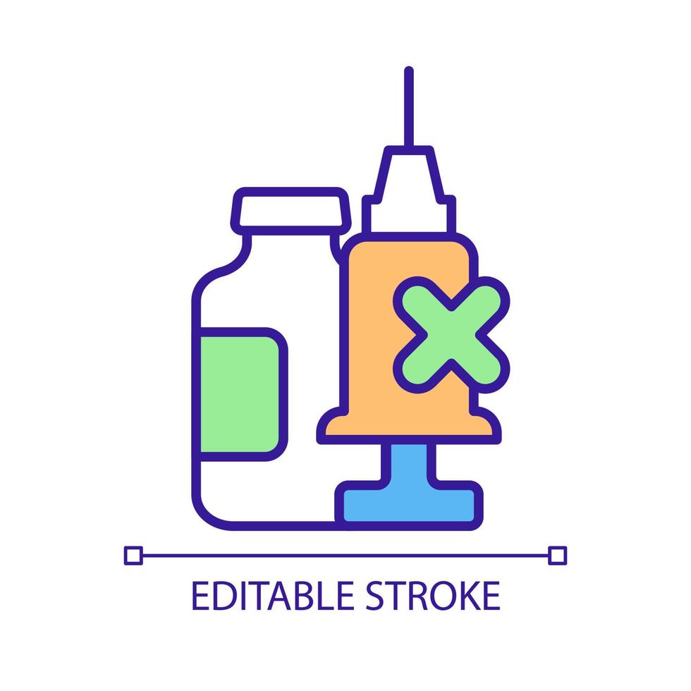 Covid vaccine dose refusal RGB color icon. Vaccination hesitancy. Exemptions from coronavirus vaccine. Contraindications. Isolated vector illustration. Simple filled line drawing. Editable stroke