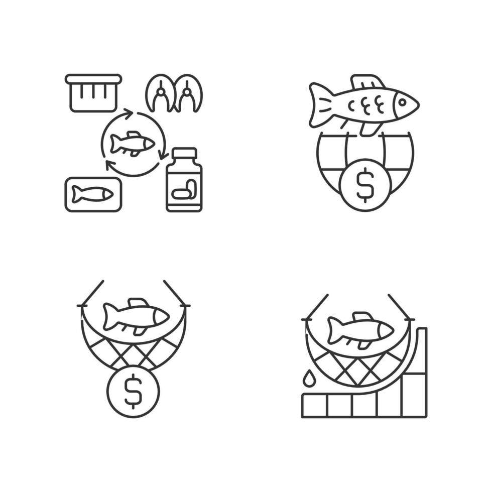 Fish product producing and trade linear icons set. Commercial fishing. Producing products for trade. Customizable thin line contour symbols. Isolated vector outline illustrations. Editable stroke