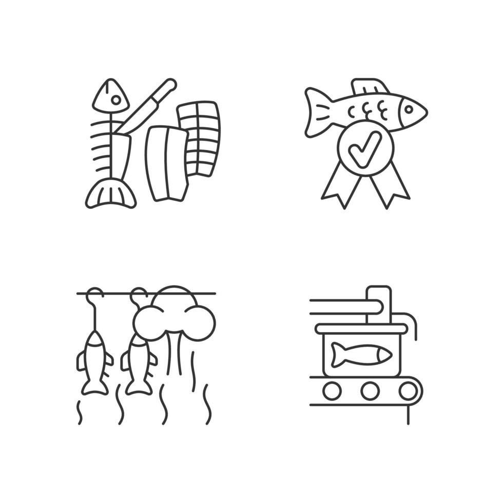 conjunto de iconos lineales de preparación de productos de pescado. ahumado y enlatado de pescado. filete de talla. control de calidad. símbolos de contorno de línea fina personalizables. ilustraciones aisladas de contorno vectorial. trazo editable vector