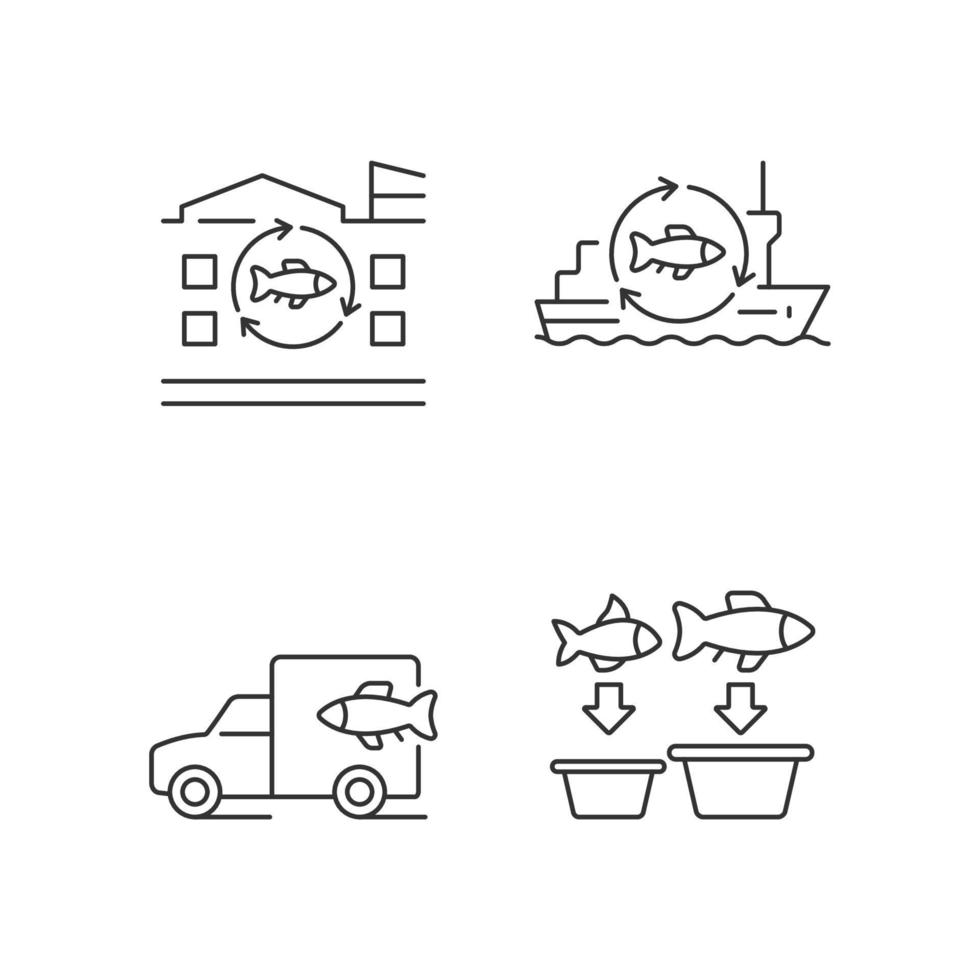 Fish processing and transportation linear icons set. Seafood product manufacturing. Processing vessel. Customizable thin line contour symbols. Isolated vector outline illustrations. Editable stroke