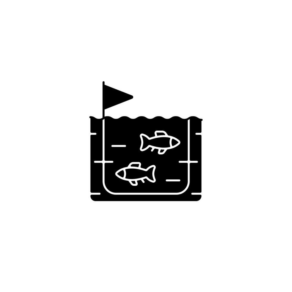 Fish farming black glyph icon. Pisciculture production industry. Fish breeding in tanks and ponds for trade. Seafood producing. Silhouette symbol on white space. Vector isolated illustration