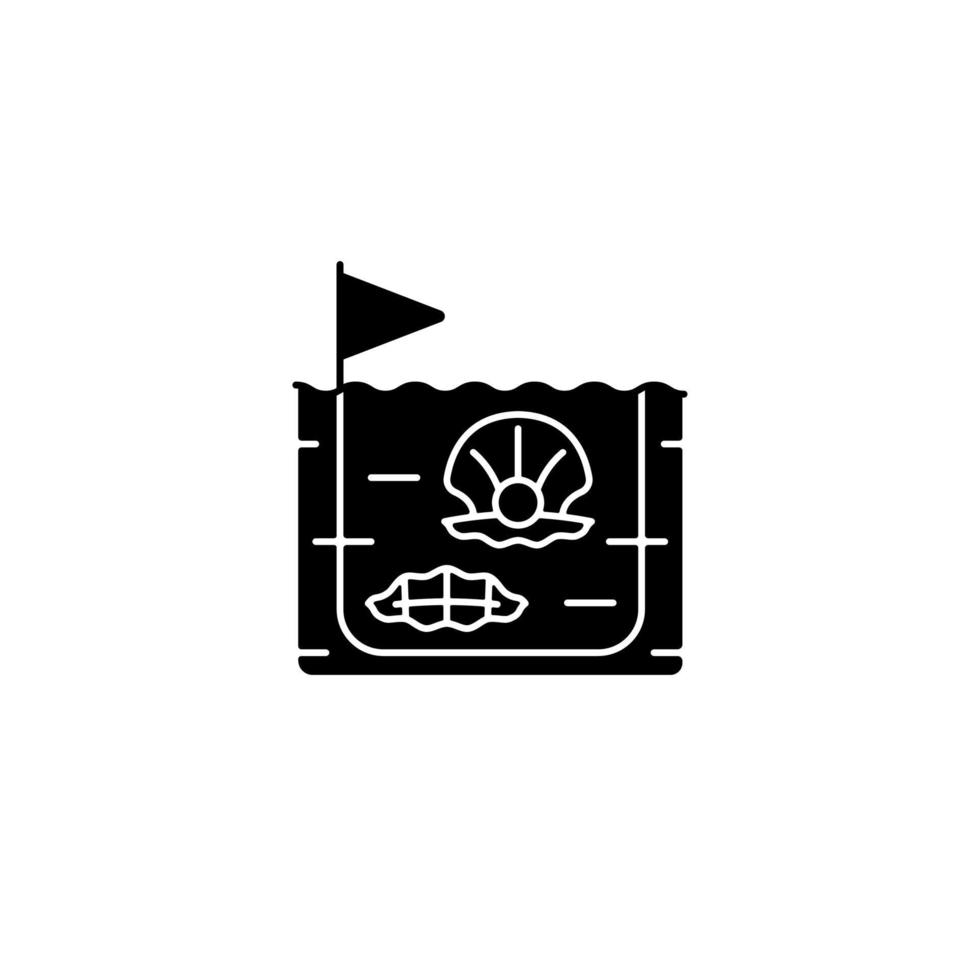 Pearl farming black glyph icon. Commercial production of gemstones. Pearl extraction. Perliculture. Commercial shellfish processing. Silhouette symbol on white space. Vector isolated illustration