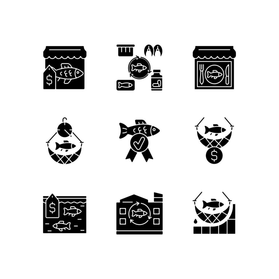 Commercial fishery black glyph icons set on white space. Seafood restaurant and market. Processing factory. Quality control. Fish industry. Silhouette symbols. Vector isolated illustration