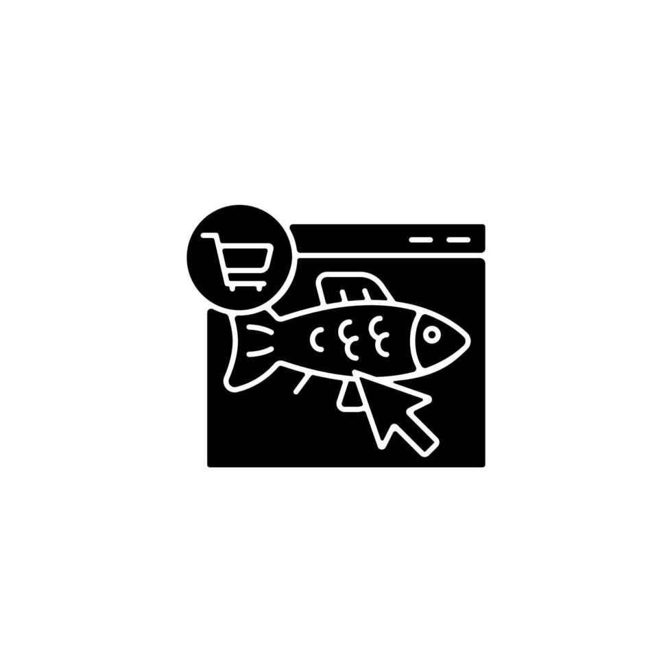 Online fish order black glyph icon. Purchase fresh seafood products on internet. Wide products range. Fresh and frozen fish delivery. Silhouette symbol on white space. Vector isolated illustration