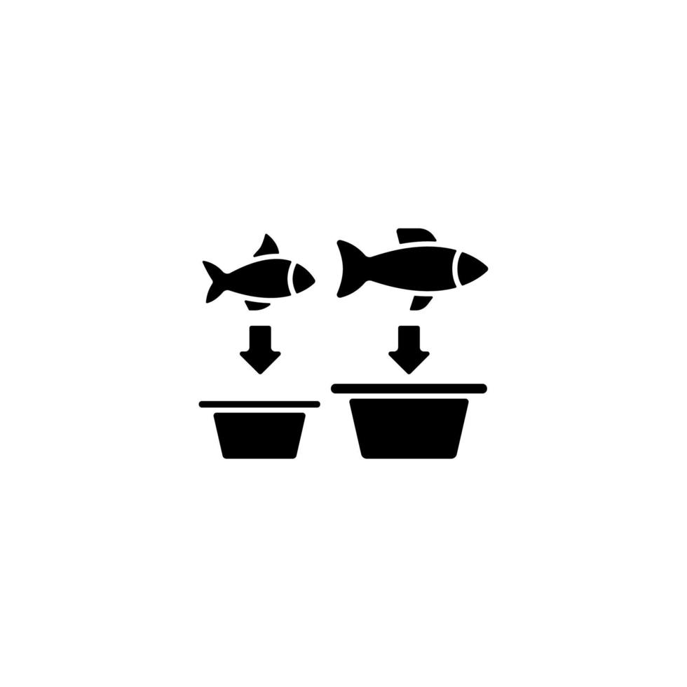 Fish sorting black glyph icon. Grading and separating seafood products for trade. Sorting table and machine. Commercial fishery. Silhouette symbol on white space. Vector isolated illustration