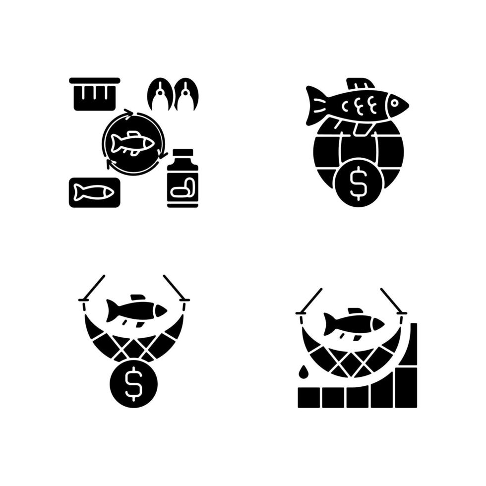 Fish product producing and trade black glyph icons set on white space. Commercial fishing. Producing seafood products for trade. Catch amount. Silhouette symbols. Vector isolated illustration