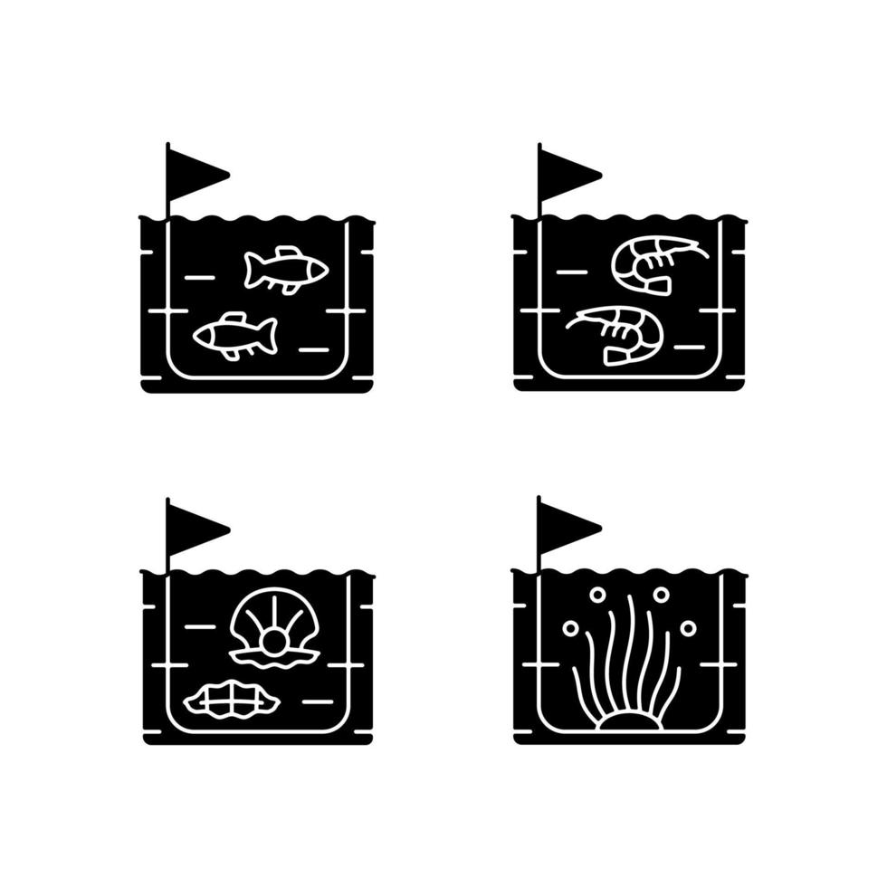 Commercial sea product farming black glyph icons set on white space. Shrimp and fish growing. Pearl extraction for trade. Fish breeding. Silhouette symbols. Vector isolated illustration