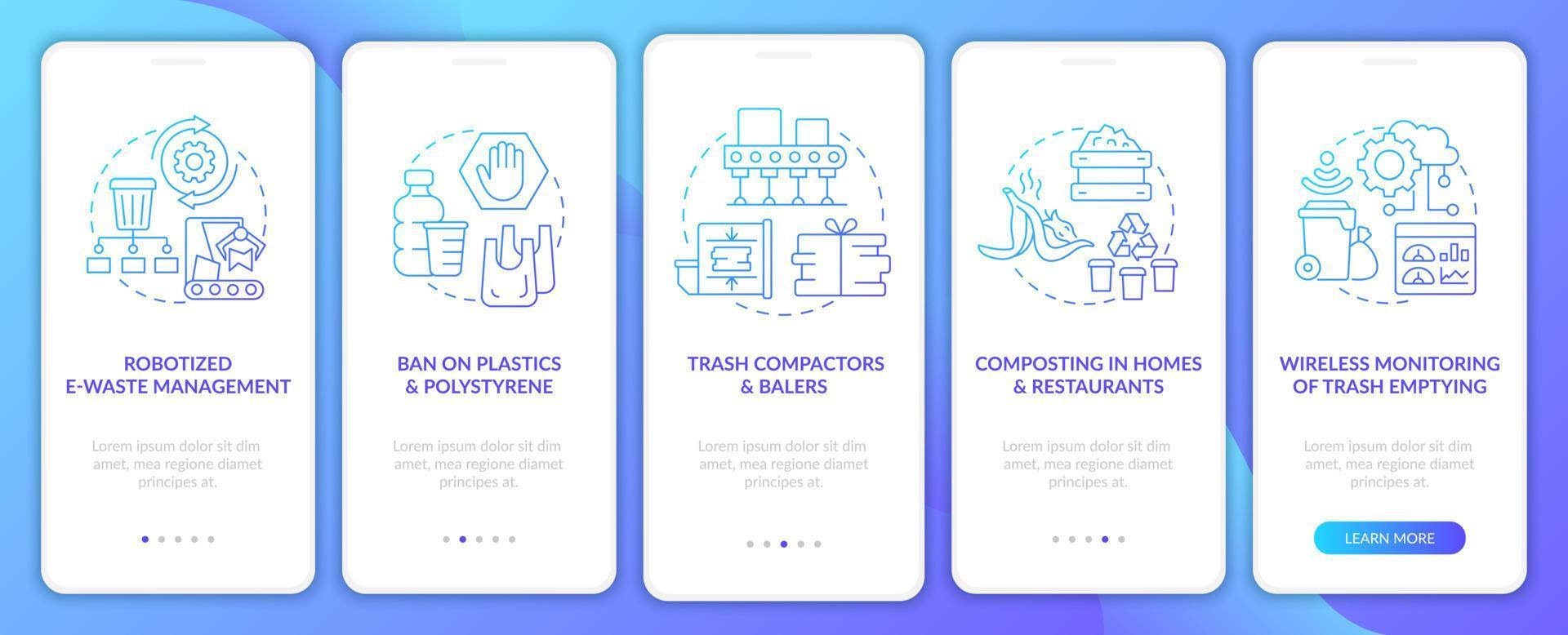 Waste recycling technologies onboarding mobile app page screen. Trash management walkthrough 5 steps graphic instructions with concepts. UI, UX, GUI vector template with linear color illustrations