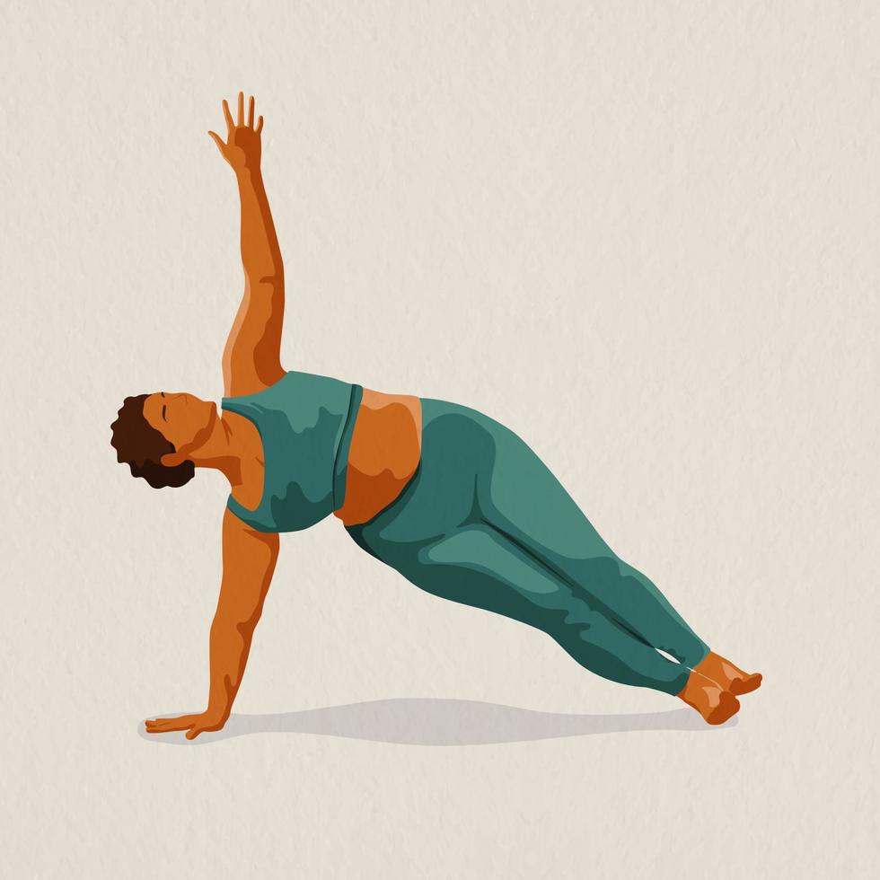 A body positive woman does yoga. African American yogi girl. vector