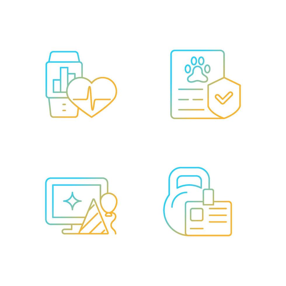 Motivating employees gradient linear vector icons set. Health trackers for workers. Pet insurance. Workplace celebration. Thin line contour symbols bundle. Isolated outline illustrations collection