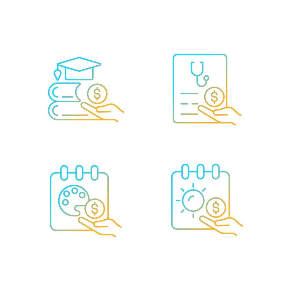 Workplace wellbeing benefits gradient linear vector icons set. Tuition reimbursement. Paid sick days. Sabbatical leave. Thin line contour symbols bundle. Isolated outline illustrations collection