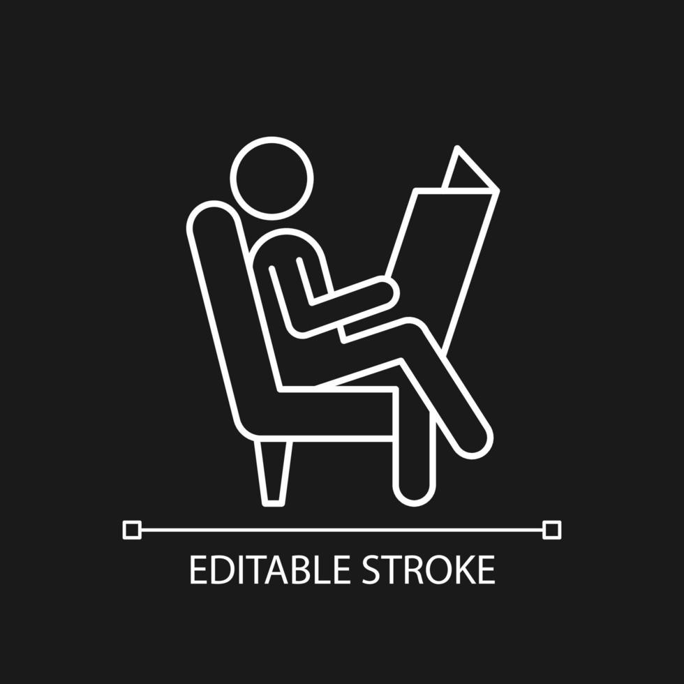 Read newspaper white linear icon for dark theme. Man sitting in armchair. Human taking break. Thin line customizable illustration. Isolated vector contour symbol for night mode. Editable stroke