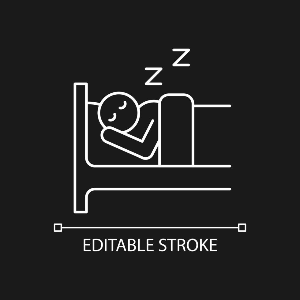 Sleep white linear icon for dark theme. Person sleeping soundly in bed. Healthy lifestyle, habits. Thin line customizable illustration. Isolated vector contour symbol for night mode. Editable stroke