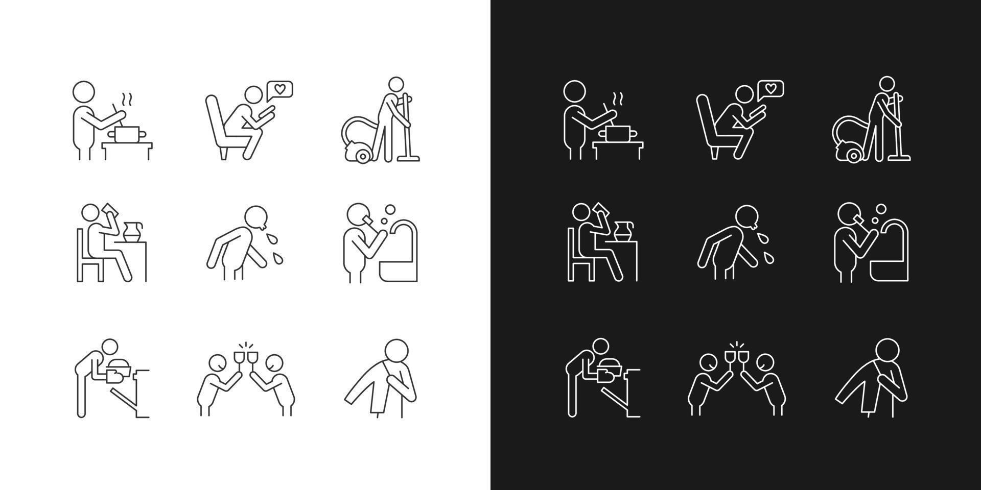 Day-to-day routine linear icons set for dark and light mode. Activities of daily living. Ordinal human life. Customizable thin line symbols. Isolated vector outline illustrations. Editable stroke