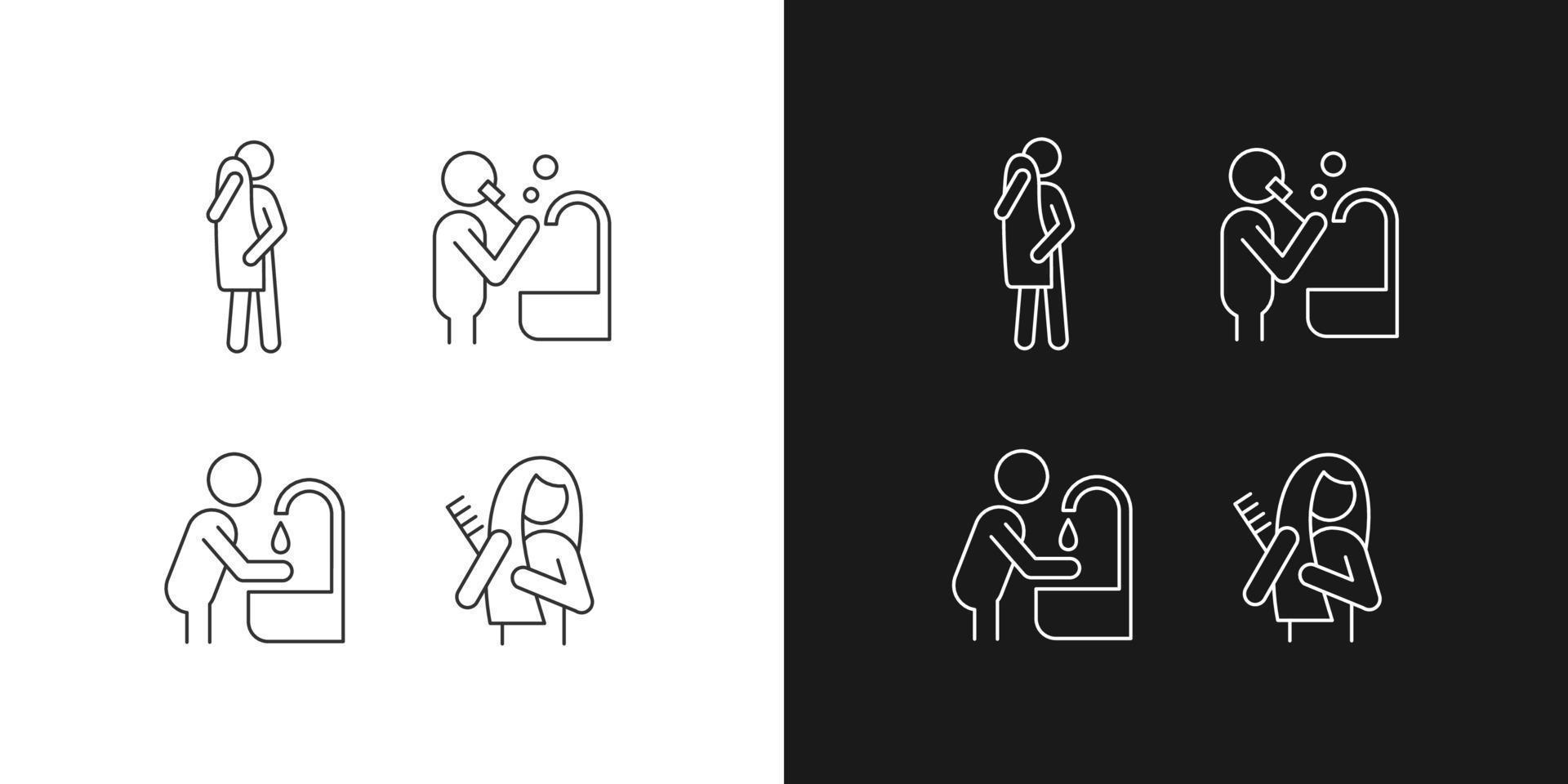 Day-to-day life linear icons set for dark and light mode. Habits for healthy living. Everyday hygiene procedures. Customizable thin line symbols. Isolated vector outline illustrations. Editable stroke