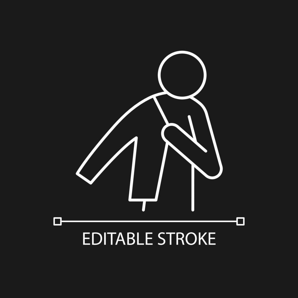 Dress up white linear icon for dark theme. Person putting on jacket. Wearing clothes. Thin line customizable illustration. Isolated vector contour symbol for night mode. Editable stroke