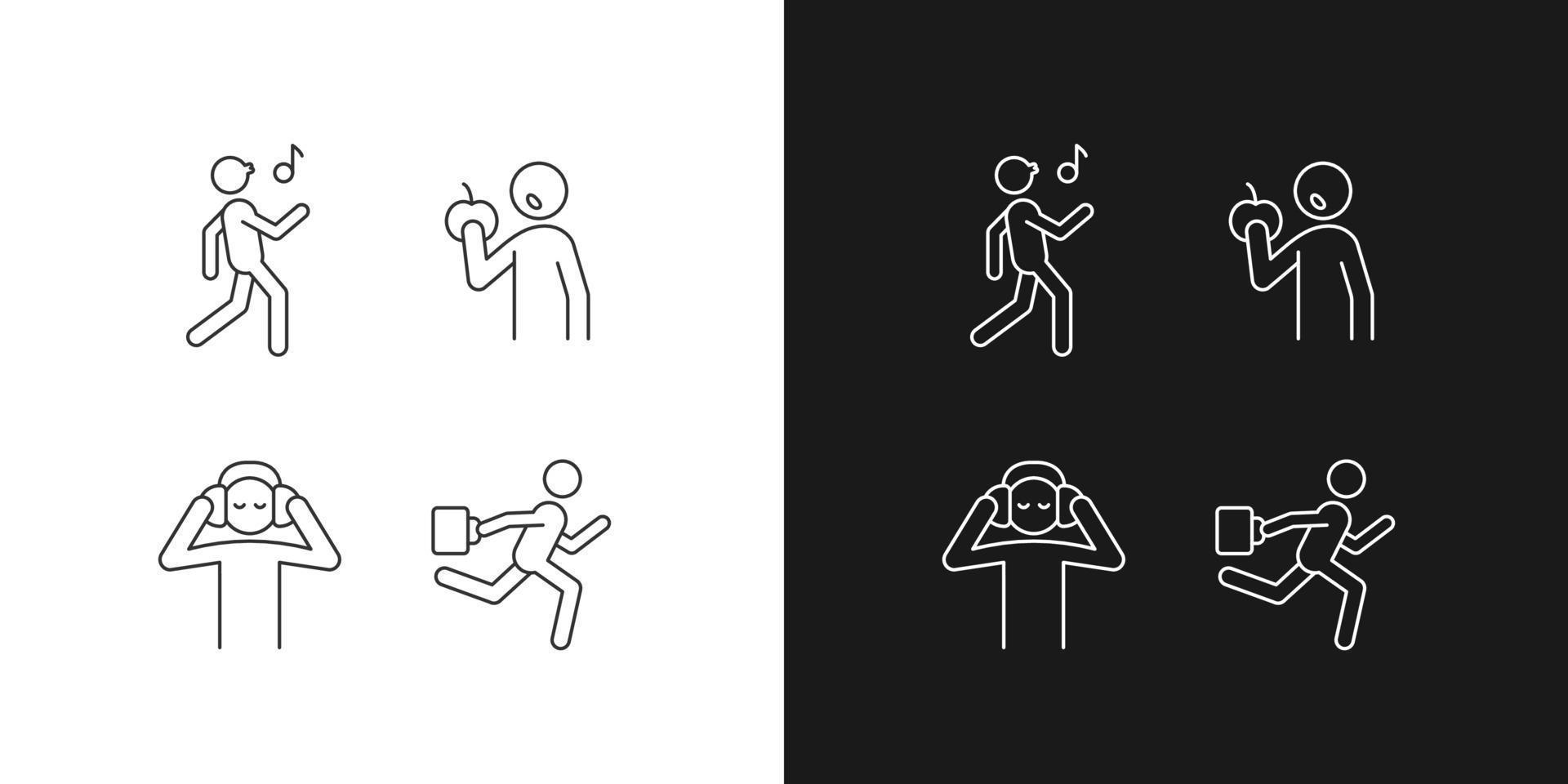 Everyday activities linear icons set for dark and light mode. Healthy eating habits. Singing karaoke. Customizable thin line symbols. Isolated vector outline illustrations. Editable stroke