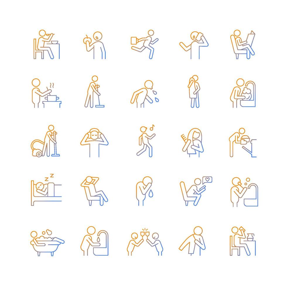 Human behaviour gradient linear vector icons set. Activities of daily living. Household duties. Day-to-day routine. Thin line contour symbols bundle. Isolated outline illustrations collection