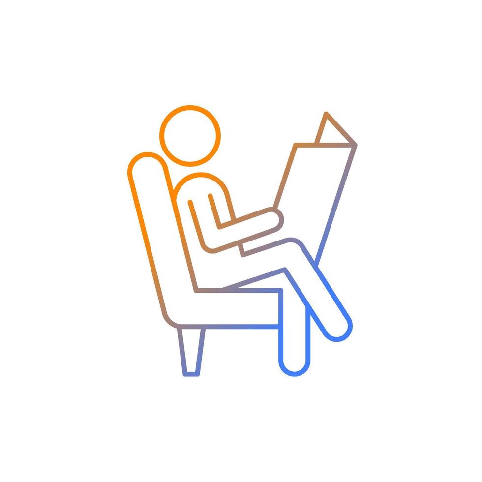 leer el icono de vector lineal de gradiente de periódico. hombre sentado en un sillón. persona leyendo papel. humano tomando un descanso del trabajo. símbolo de color de línea delgada. pictograma de estilo moderno. dibujo de contorno aislado vectorial