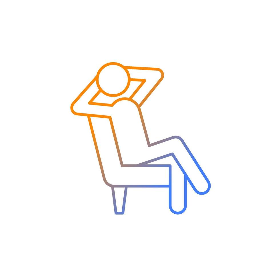 icono de vector lineal de gradiente de relajación. humano tomando un descanso del trabajo. persona sentada en un sillón con las piernas cruzadas. símbolo de color de línea delgada. pictograma de estilo moderno. dibujo de contorno aislado vectorial