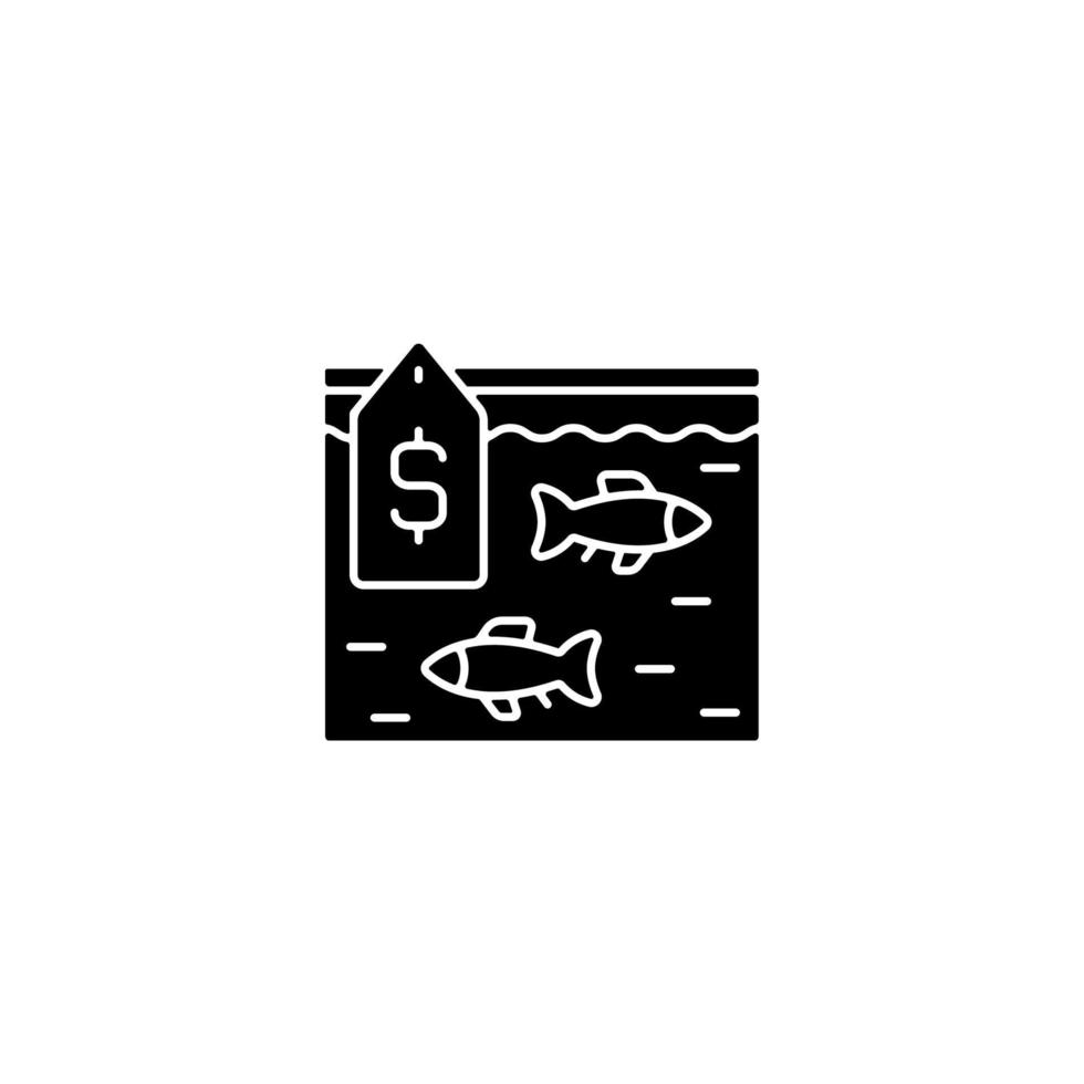 Live fish trade black glyph icon. Fresh catch selling. Aquarium, ornamental fish. Consumers demand. Commercial fishing. Seafood market. Silhouette symbol on white space. Vector isolated illustration