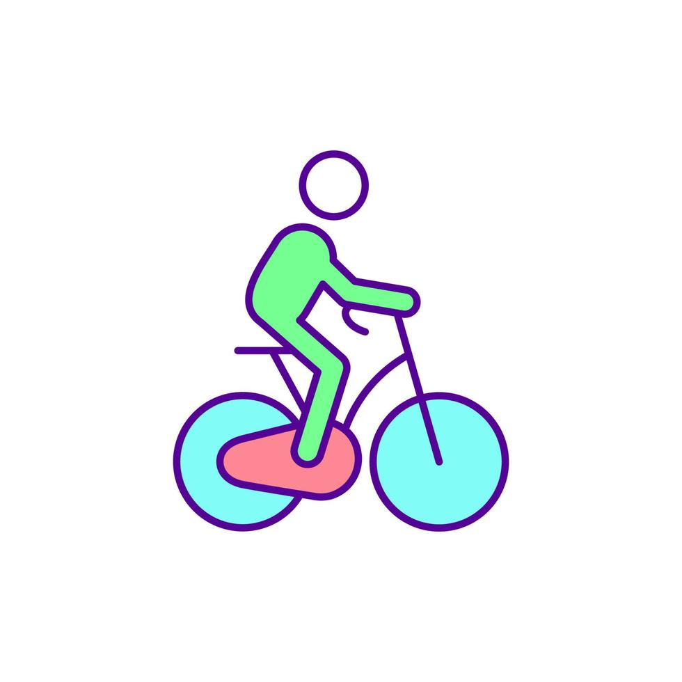 Riding bike in city RGB color icon. Bicycle friendly community. Improving urban air quality. Encouraging people to bike. Active transportation. Isolated vector illustration. Simple filled line drawing