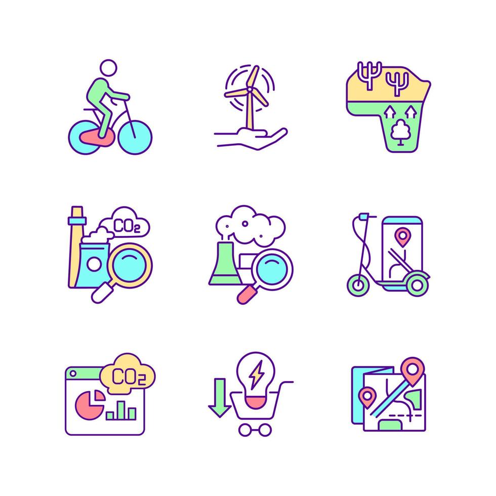 Improving urban air quality RGB color icons set. Riding bike in city. Renewable resource. Financial support. Energy saving. Isolated vector illustrations. Simple filled line drawings collection