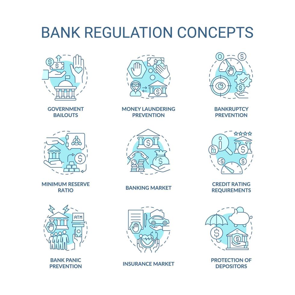 Banking system regulation concept icons set. Money laundering preventive measures. Government bailouts idea thin line color illustrations. Vector isolated outline drawings. Editable stroke