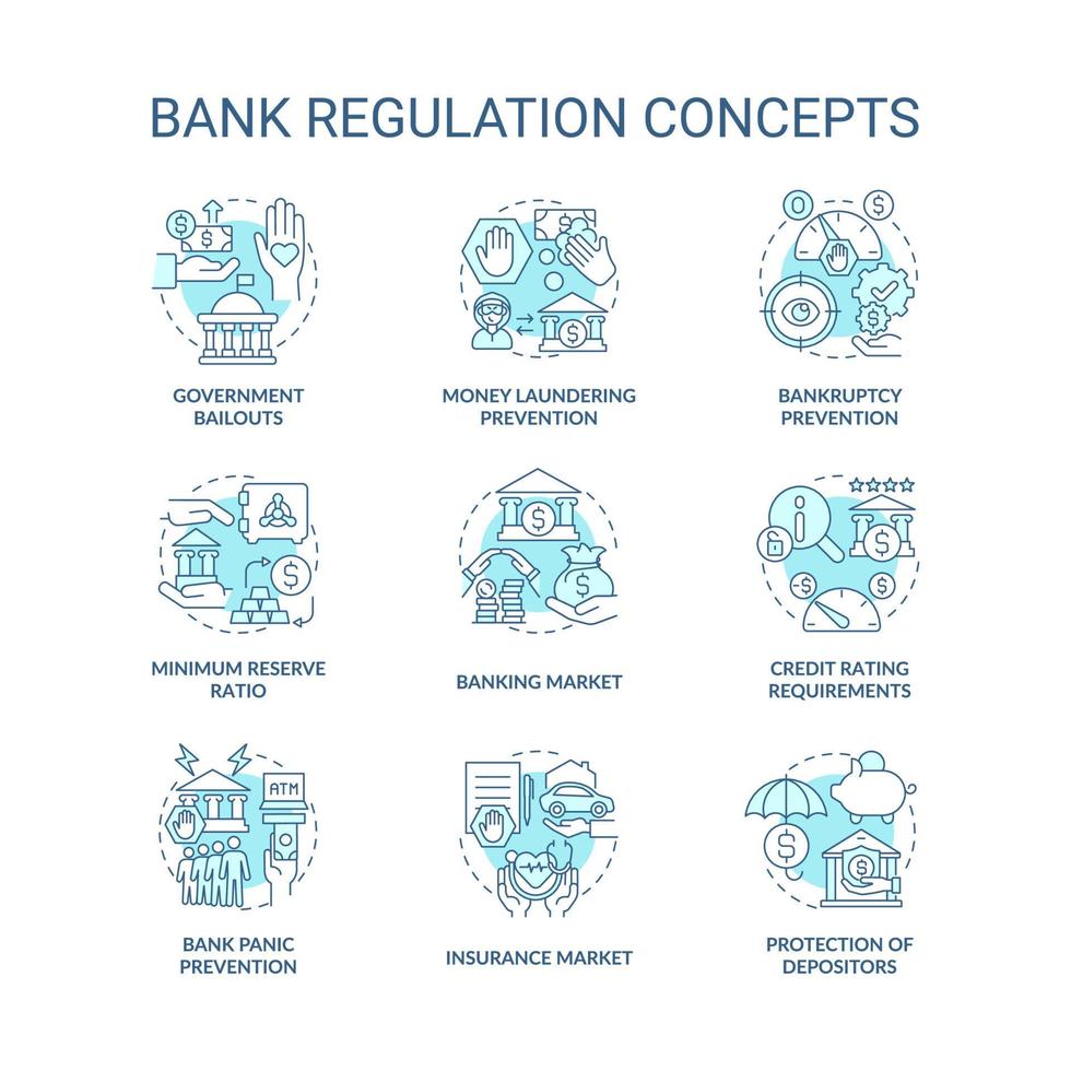 conjunto de iconos de concepto de regulación del sistema bancario. medidas preventivas de lavado de dinero. rescates del gobierno idea ilustraciones en color de línea delgada. dibujos de contorno aislados vectoriales. trazo editable vector