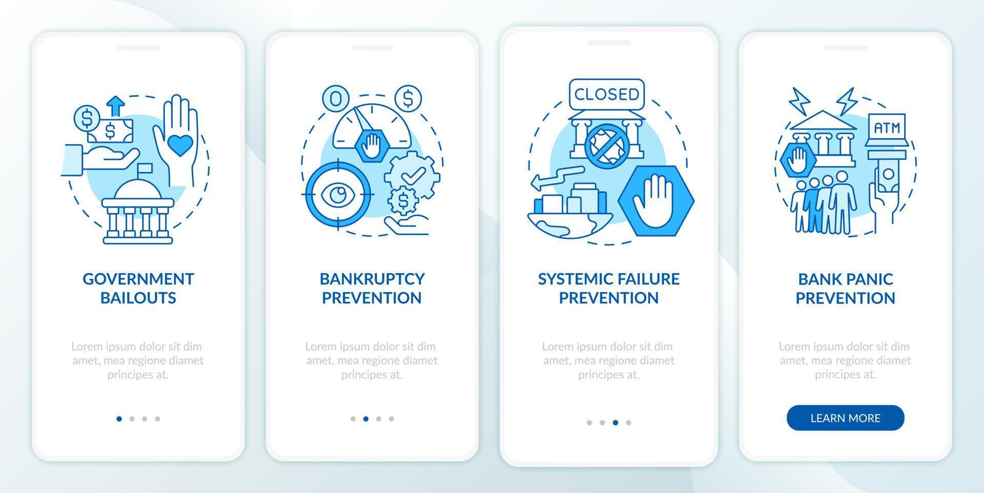 pantalla de la página de la aplicación móvil de incorporación de la regulación bancaria del gobierno. Tutorial de prevención de bancarrotas 4 pasos instrucciones gráficas con conceptos. ui, ux, plantilla vectorial gui con ilustraciones en color lineal vector