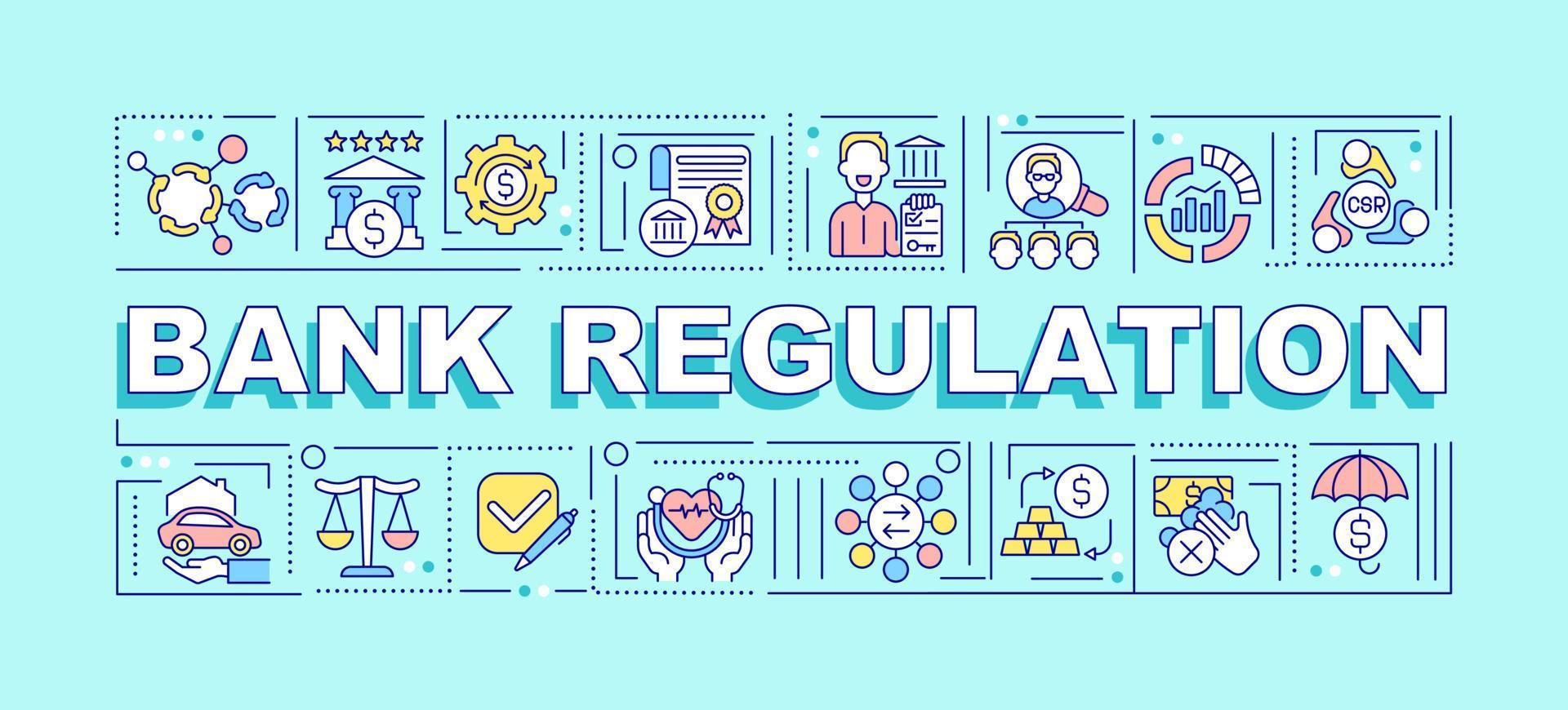 Bank regulation word concepts banner. Market transparency. Infographics with linear icons on blue background. Isolated creative typography. Vector outline color illustration with text