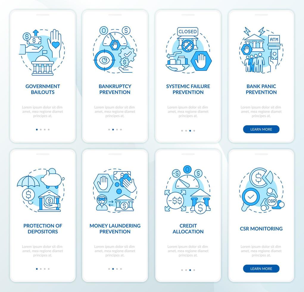 Bank supervision onboarding mobile app page screen set. Crisis prevention walkthrough 8 steps graphic instructions with concepts. UI, UX, GUI vector template with linear color illustrations