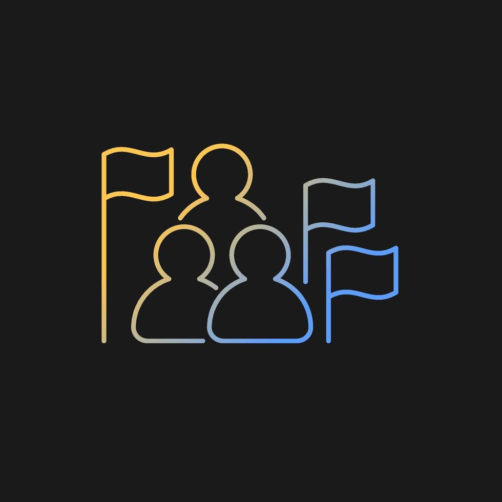 Social studies gradient vector icon for dark theme. Group of people, flags. Social science learning in schools. Thin line color symbol. Modern style pictogram. Vector isolated outline drawing