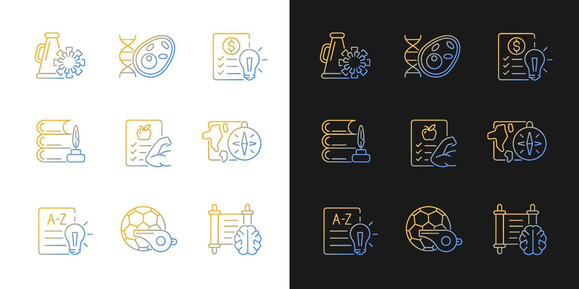 Various school subjects gradient icons set for dark and light mode. Health course in school. Thin line contour symbols bundle. Isolated vector outline illustrations collection on black and white