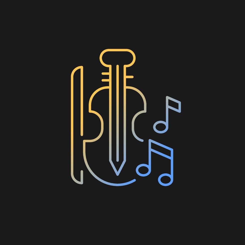 Music gradient vector icon for dark theme. Playing musical instruments in educational institutions. Violin, bow, notes. Thin line color symbol. Modern style pictogram. Vector isolated outline drawing